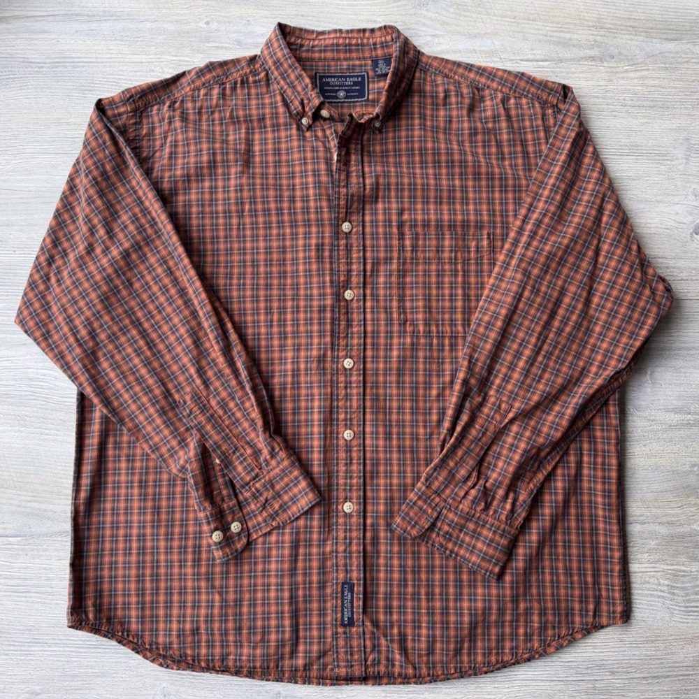 American Eagle Outfitters Mens XL Plaid Button Down Shirt Orange Navy Cotton